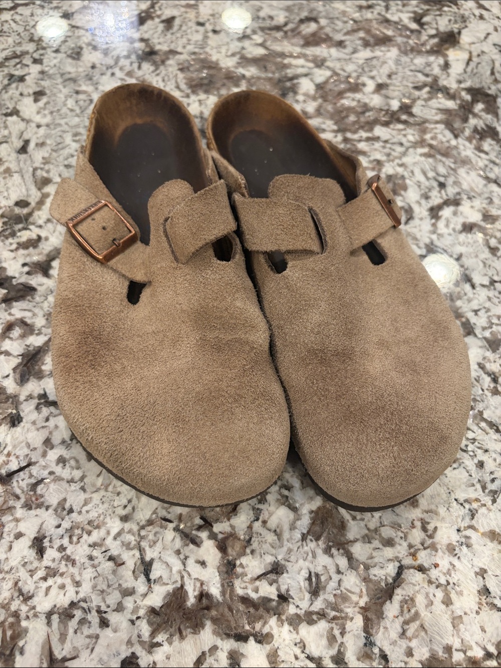 Birkenstock Kids Suede Clog in Taupe Brown with Copper Buckle